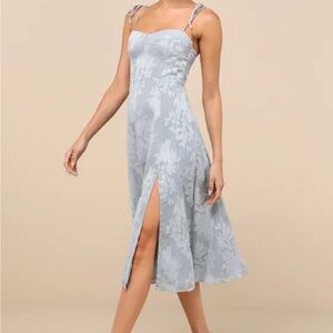 Loveliest Looks Dusty Blue Floral Jacquard Tie-Strap Midi Dress